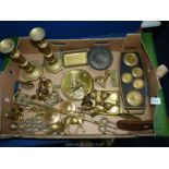 A quantity of miscellaneous brass including a pair of pusher candlesticks, shoe horn, toasting fork,
