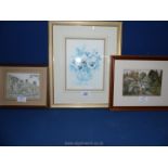 Three framed prints 'Pansies' limited edition no. 366/850, 'Durham' by D.A.