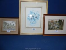 Three framed prints 'Pansies' limited edition no. 366/850, 'Durham' by D.A.