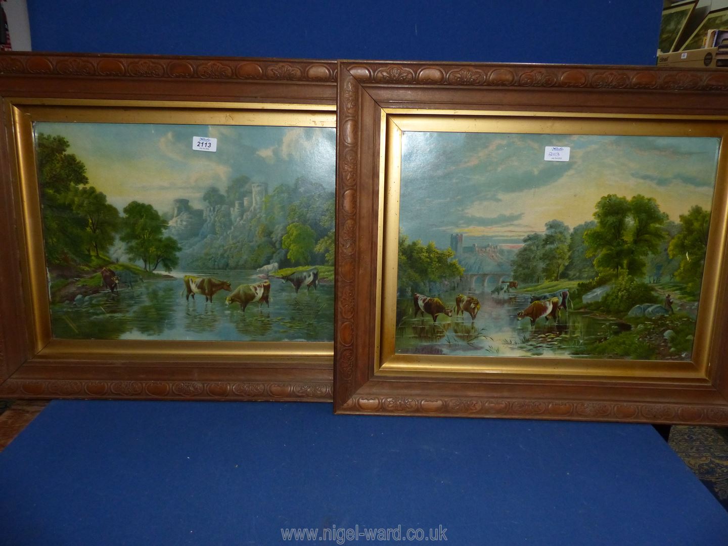 Two wooden framed Prints of cattle drinking in a river by B. Cook, dated 1889.