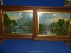 Two wooden framed Prints of cattle drinking in a river by B. Cook, dated 1889.