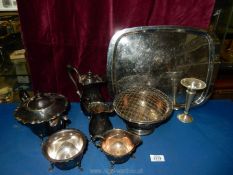 A quantity of plated items including tea and coffee pot, bud vase, serving tray etc.