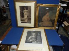 A framed and mounted print of a lady in a classical scene,