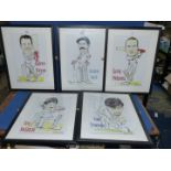 Five modern framed artist signed Norman Hood Ltd Edition prints of famous cricketers including