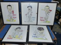 Five modern framed artist signed Norman Hood Ltd Edition prints of famous cricketers including