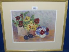 A framed and mounted pastel titled verso 'Pansies', signed lower left Kathleen Hall, 18 1/2" x 16".