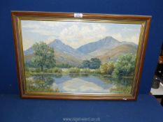 A framed Oil on canvas depicting a river landscape with a family of ducks swimming and peaked