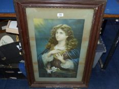 A framed Lithograph depicting a Young girl knelt holding a prayer book, unsigned, 22 1/2" x 32 1/4".