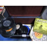 A small wooden trunk containing unsleeved 45 rpm records to include; Tom Jones, The Shadows,