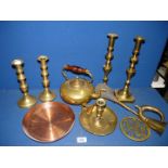 A quantity of brass including two pairs of candlesticks, copper kettle, trivet, car horn, etc.
