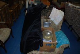 A box of miscellanea, black velvet dress, hat, tops etc.