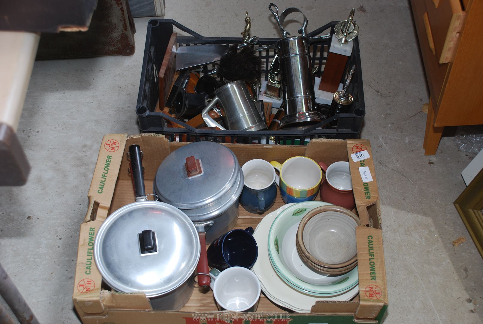 Two boxes of miscellanea including trophies, aluminium saucepans, chrome companion set, mixed china,