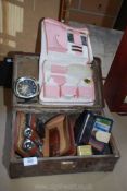 A small vintage case, gents vanity case, ladies vanity case, clock, etc.