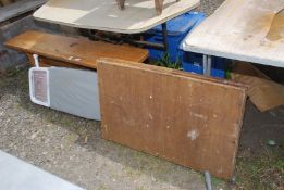 A pine bench, ironing board and pasting table.