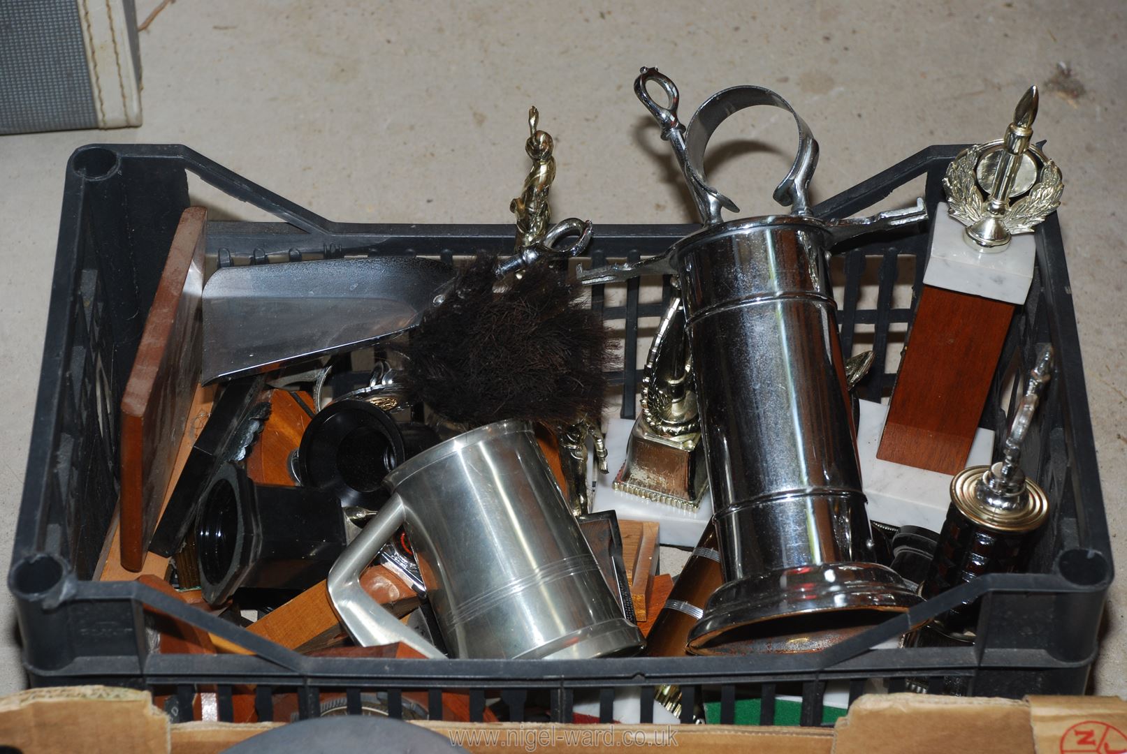 Two boxes of miscellanea including trophies, aluminium saucepans, chrome companion set, mixed china, - Image 2 of 2
