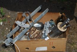 A box containing gate hinges, knife block, Decoy & Magpie, etc.