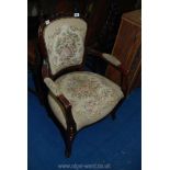 A hall chair with tapestry seat, back and arms, a/f.