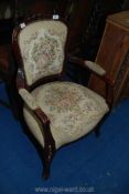 A hall chair with tapestry seat, back and arms, a/f.