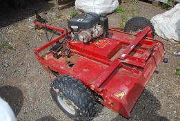 A 'Swisher 44 Rugged-Cut' trailer mower with petrol engine. Deck in need of attention.