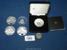 Five cased medals including South Africa 50th Anniversary one ounce Krugerrand,