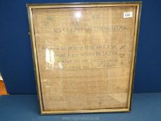 A framed Sampler, worked in 1834, aged 11 years old, worn and faded, frame a/f,