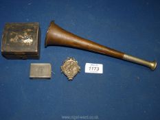 A brass Kohler & Son. hunting horn, plus a small oriental box containing Vesta case and brooch.