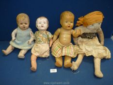 Four old dolls, one being rag doll, all a/f.