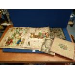 A fine leather bound Scrap Book containing cut-outs on fabric pages,