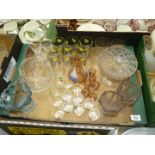 A quantity of glass including shot glasses and decanter, tumblers, cut glass rose bowl,