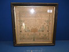 A framed Sampler by Mary Ann Rumbelow, age 9, 1888, (some holes and faded), 15'' square.