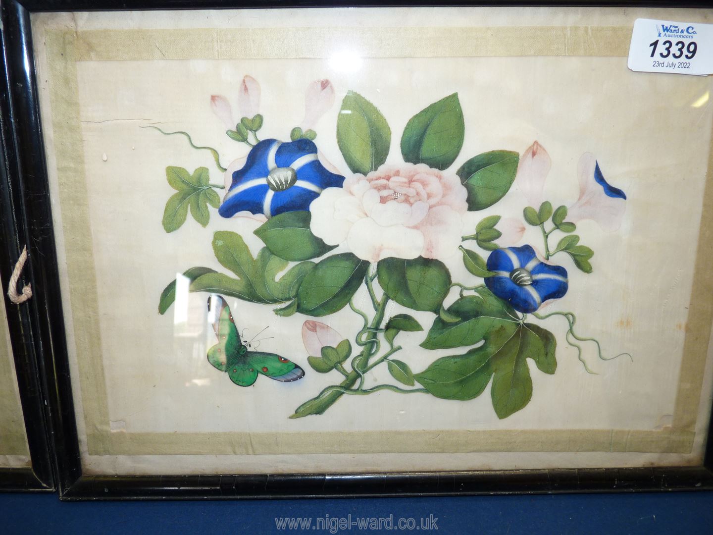 A pair of framed silk pictures with hand-painted flowers and butterflies, - Image 2 of 3
