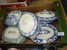 A box of five lidded blue and white vegetable tureens, plus spare lid.