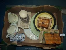 A quantity of pottery items including Crown Ducal cheese dish in shape of a cottage,