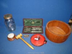 A treen fruit bowl, cased set of drawing instruments, enamel chamberstick, etc.