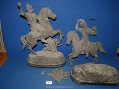 A pair of spelter figures on horseback, a/f, 19'' tall.