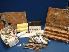 A good quantity of old art supplies including art box, wood and china palettes,