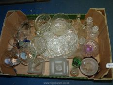 A large quantity of glass including Dartington hjolders, pair of cut glass perfume bottles,