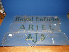 Three old dealership hanging perspex signs including Royal Enfield, A.J.S. and Ariel a/f.