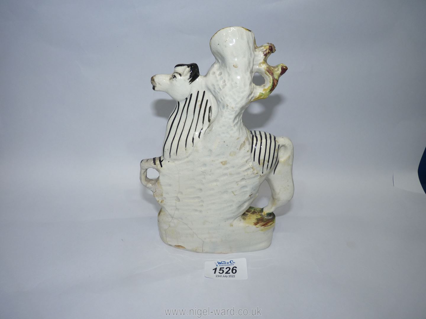 A Staffordshire Zebra with snake spill vase, 6'' wide x 8 1/4'' high, some crack and repairs. - Image 2 of 3