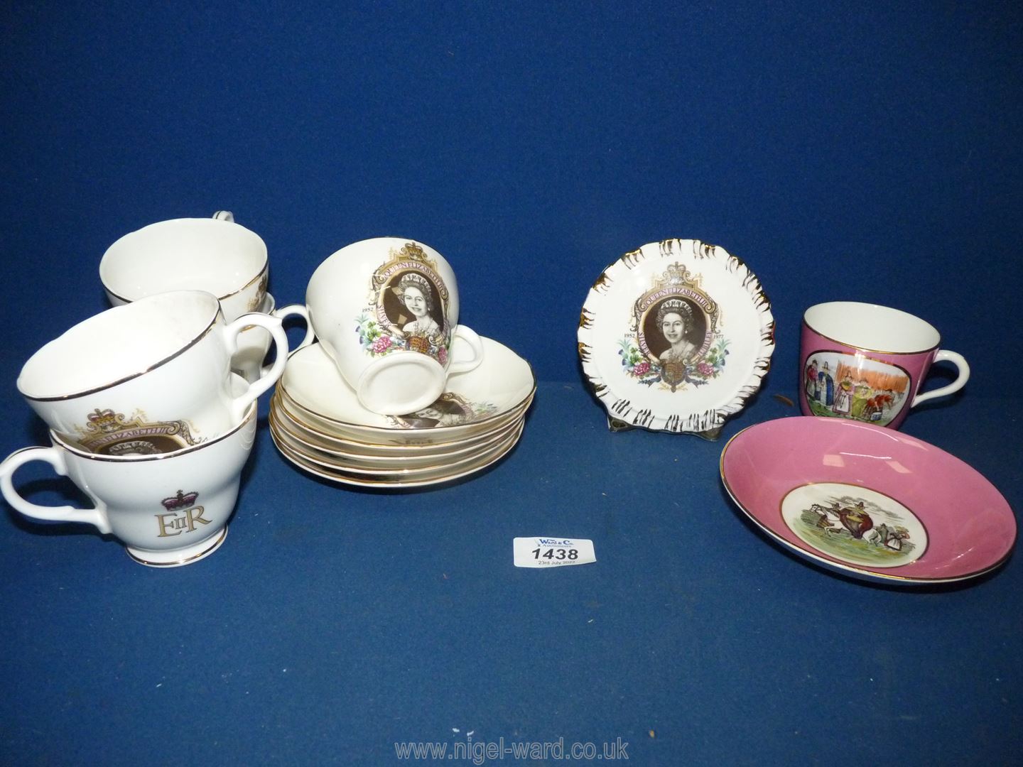 Five Liverpool Road pottery china cups and saucers celebrating the silver jubilee plus a plaque and