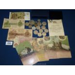 A set of four Postcards and four monetary notes,