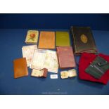Miscellaneous items including prayer book dated 1856 and bibles, ring boxes, etc.