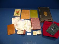 Miscellaneous items including prayer book dated 1856 and bibles, ring boxes, etc.