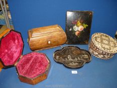 A quantity of miscellaneous boxes and trays including well worn tea caddy, missing foot,