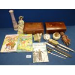 A quantity of miscellaneous to include two wood boxes with brass inlay (one with elephants),