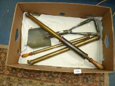 Three vintage brass garden sprayers plus an ex W.D. type folding trench-digger.