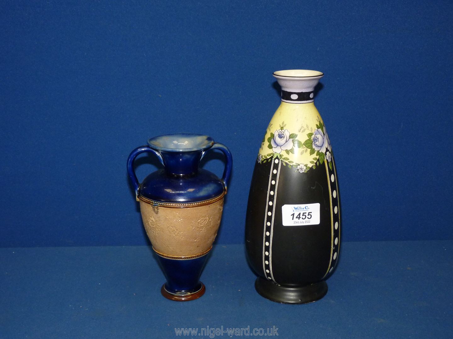 A Royal Doulton Lambeth style vase, 7" tall and Devonware Fieldings 'Cedric' pattern vase,