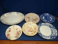 A quantity of plates including a large meat plate, Poole plate, two Adderleys blue and white plates,