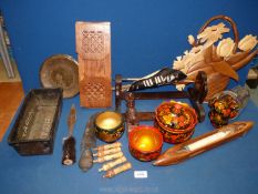 A quantity of treen including bargeware style items, baker's loaf tin, tribal souvenirs, spear head,