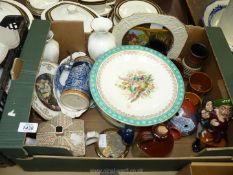 A box of mixed china to include Shakespeare Macbeth Toby Jug, pottery bowls,